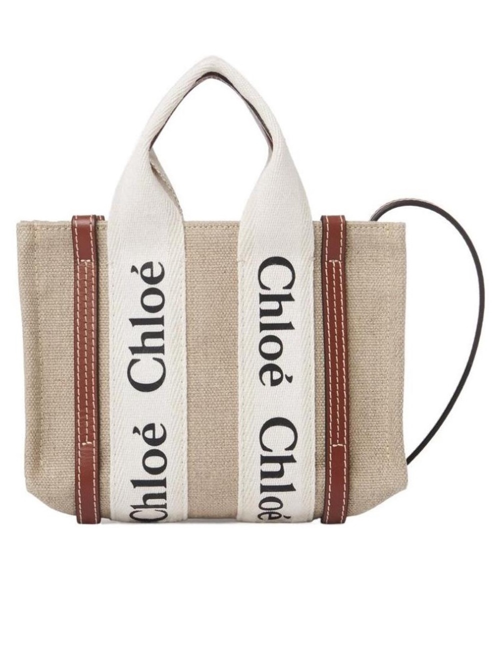 Chloé Beige Canvas Tote with White Logo Straps and Brown Trim